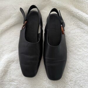 Silent D ,Black Square-Toe Slingback Shoes.